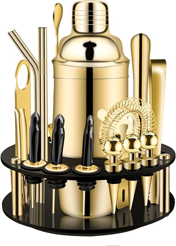 19-Piece Bar Set,Gold Cocktail Shaker Set for Drink Mixing:Stainless Steel Bar Tools with Rotating Stand, Professional Bartender Kit for Home Bars, Parties