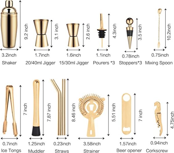 19-Piece Bar Set,Gold Cocktail Shaker Set for Drink Mixing:Stainless Steel Bar Tools with Rotating Stand, Professional Bartender Kit for Home Bars, Parties - Image 2